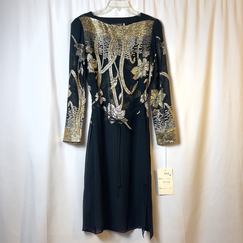 Gold and Silver Metallic Black Sheer Vintage Dress